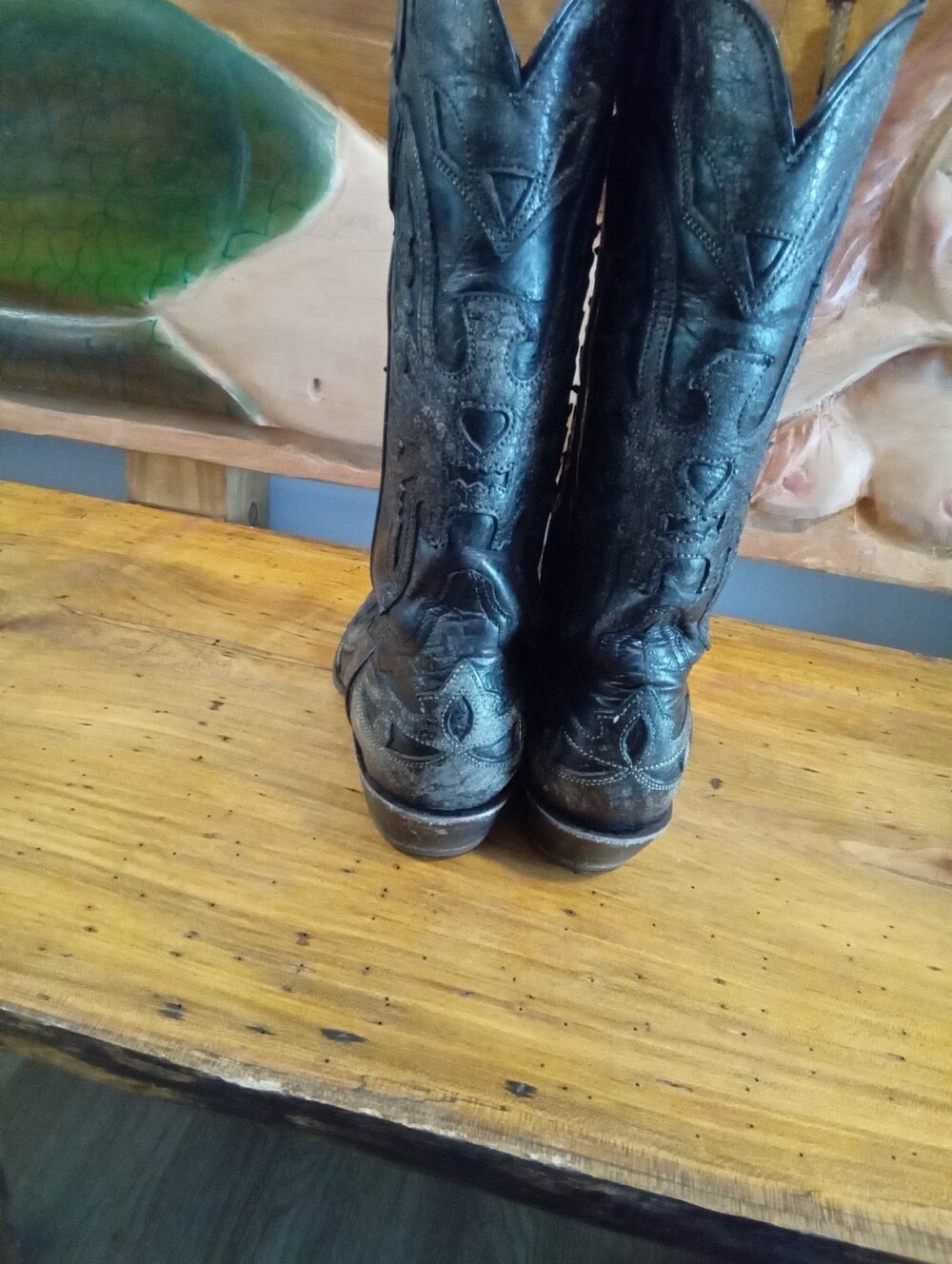 Vintage Safari Black Distressed  Leather Phoenix Tall Snip Toe Cowgirl Boots 6.5 - Picture 9 of 16
